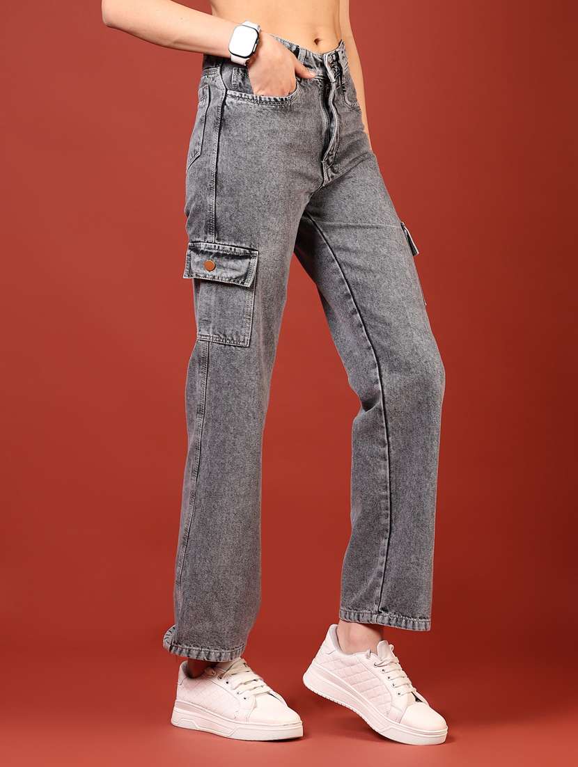 women solid mid rise denim cargo - 21862400 - Standard Image - 1
