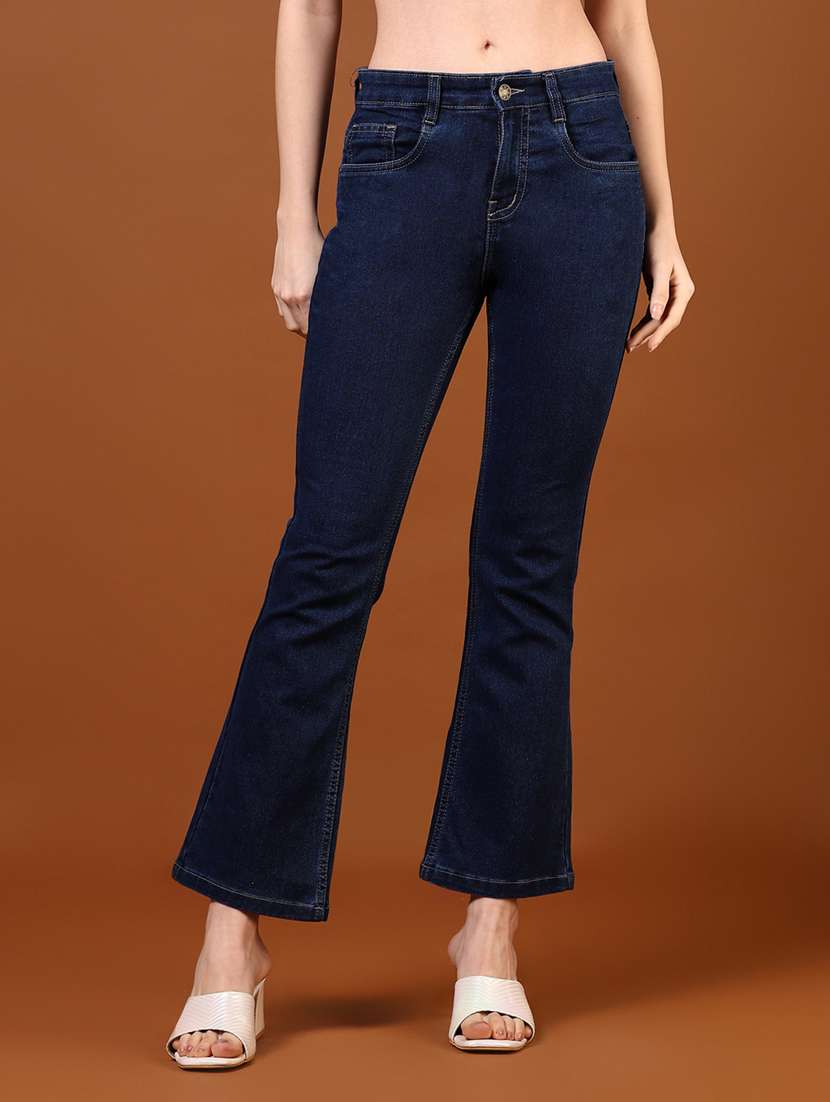 women navy blue solid high rise bootcut jeans