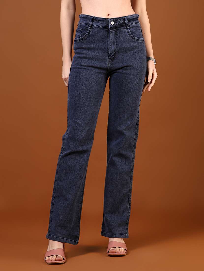 women navy blue solid mid rise straight jeans