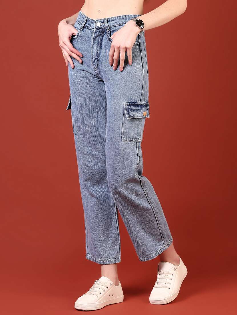 women solid mid rise denim cargo - 21862418 - Standard Image - 1