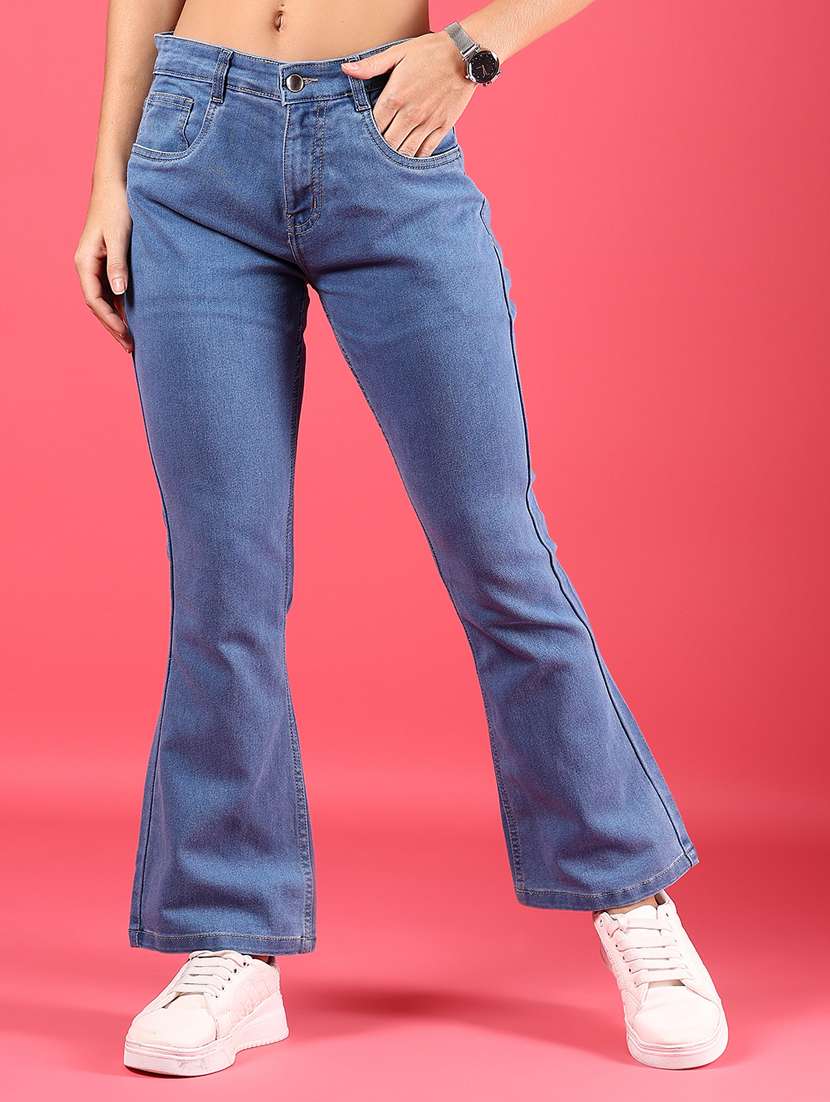 women blue solid mid rise bootcut jeans