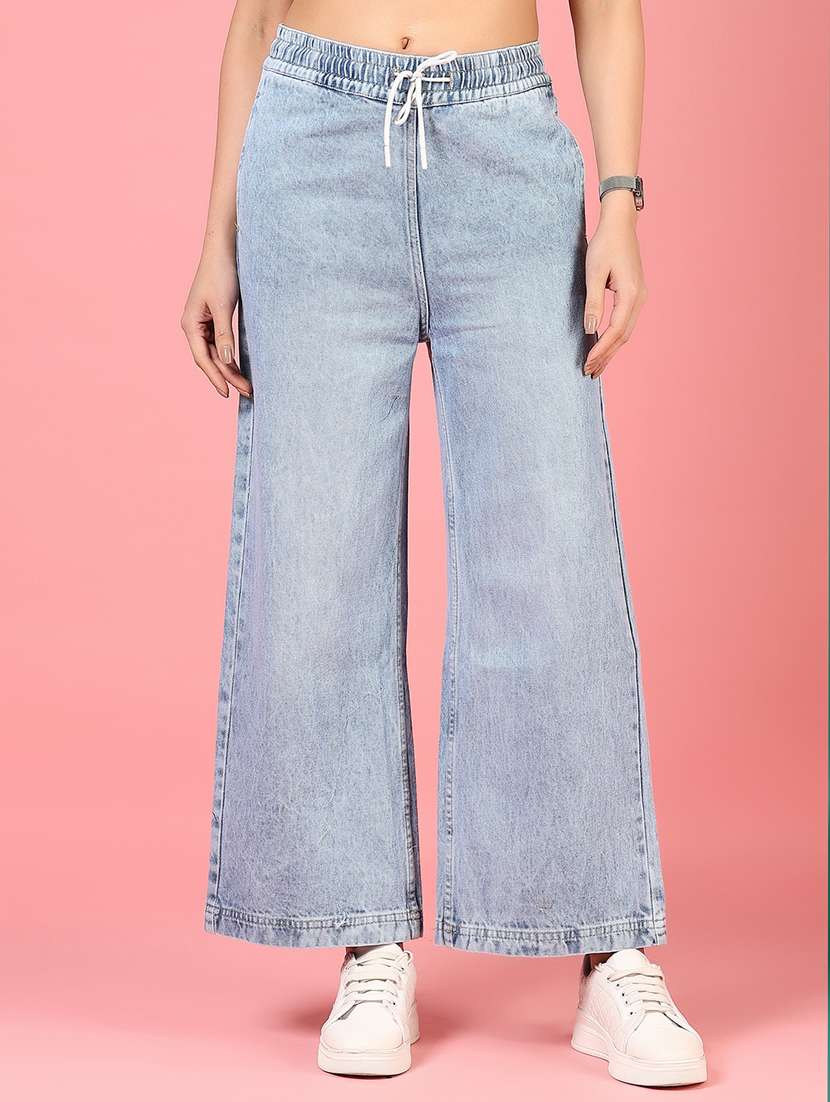 women solid high rise wide leg jean