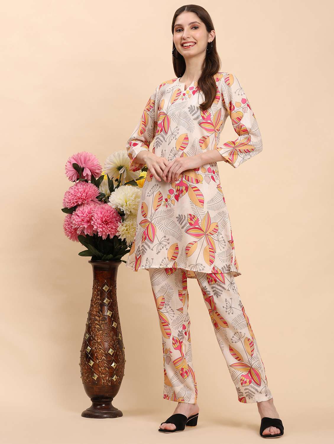 women printed three quarter sleeve co-ord set
