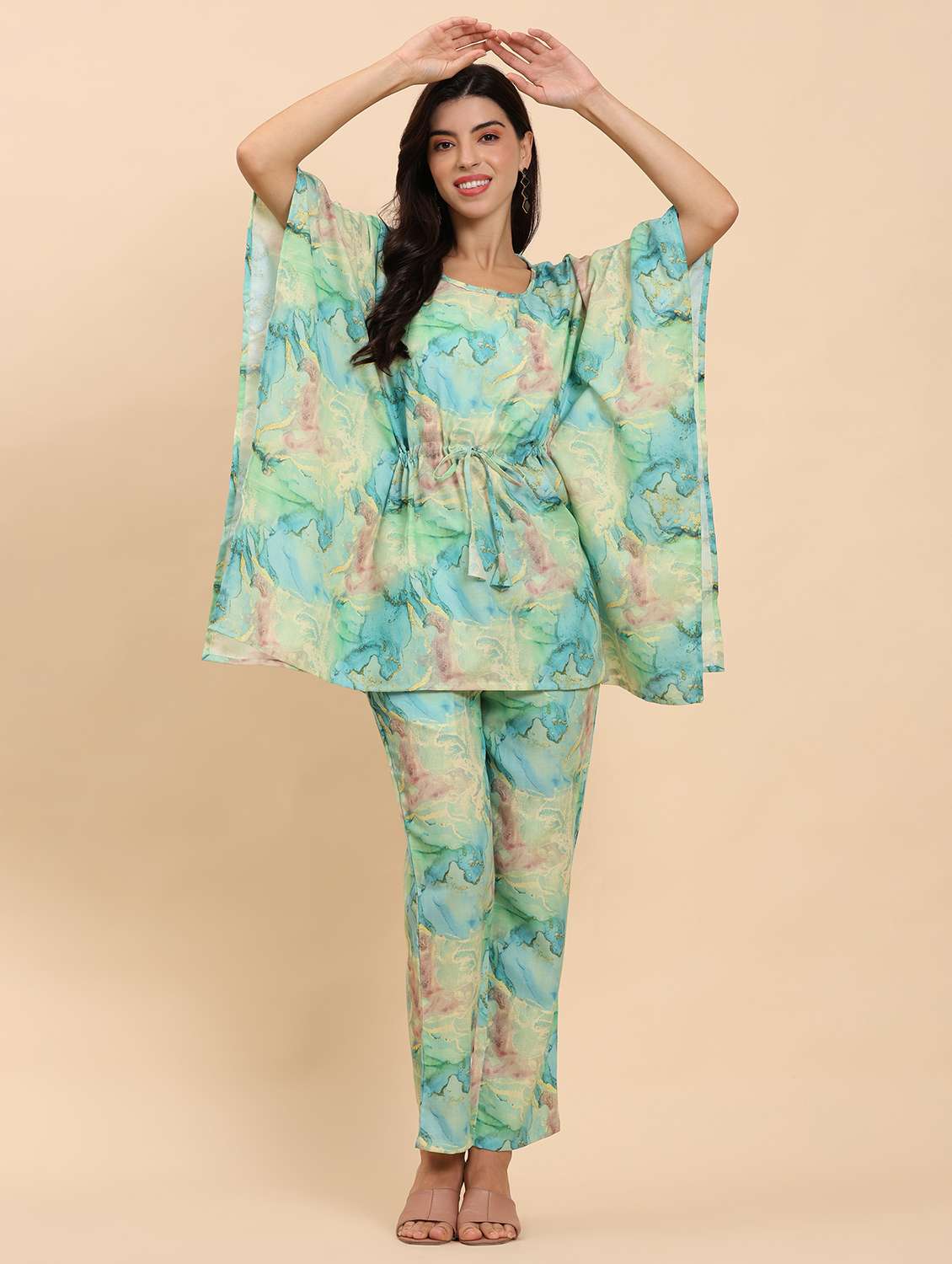 women printed kaftan top and trouser co-ord set - 21863840 - Standard Image - 1