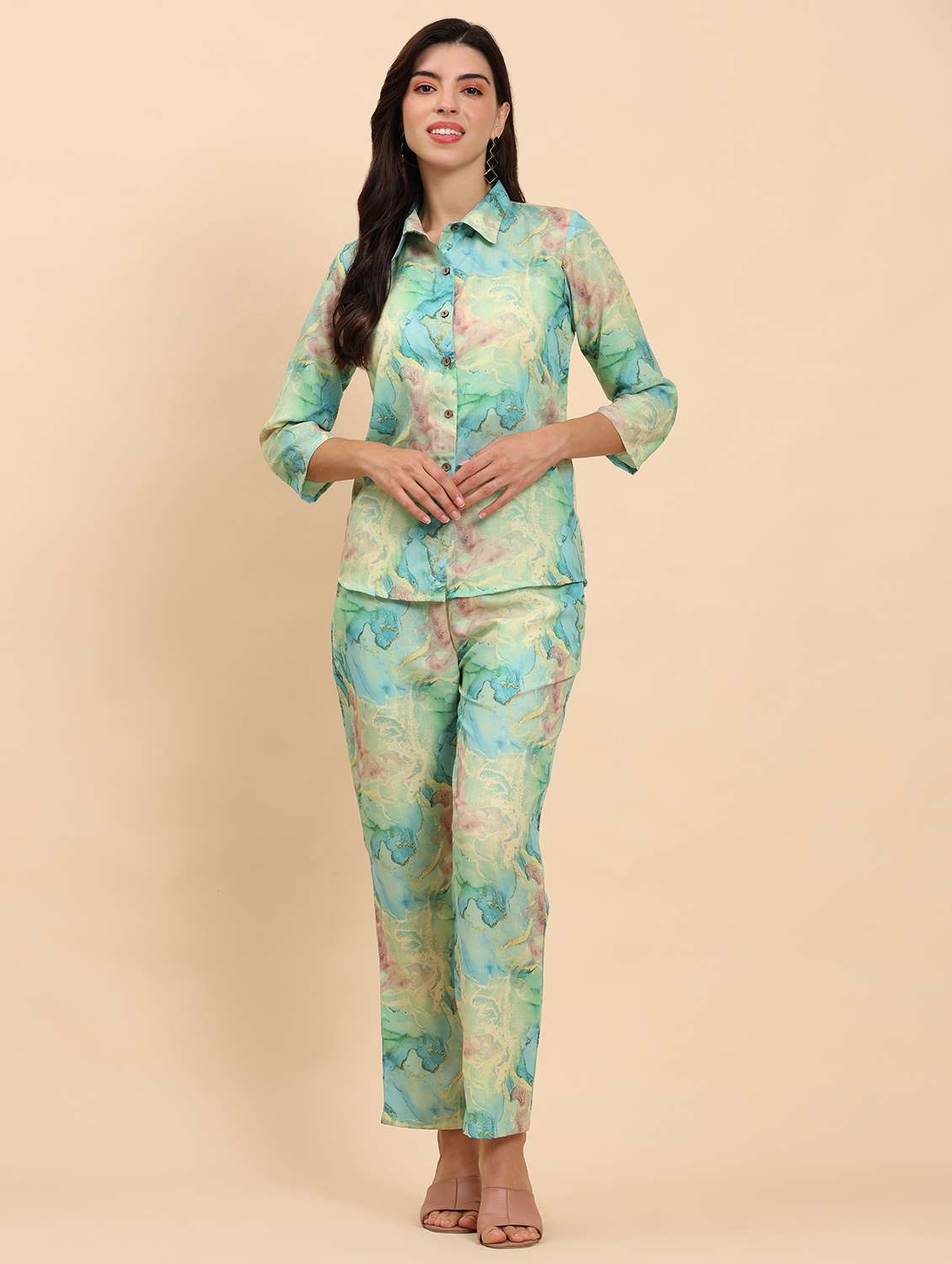 women printed shirt and trouser co-ord set - 21863870 - Standard Image - 1