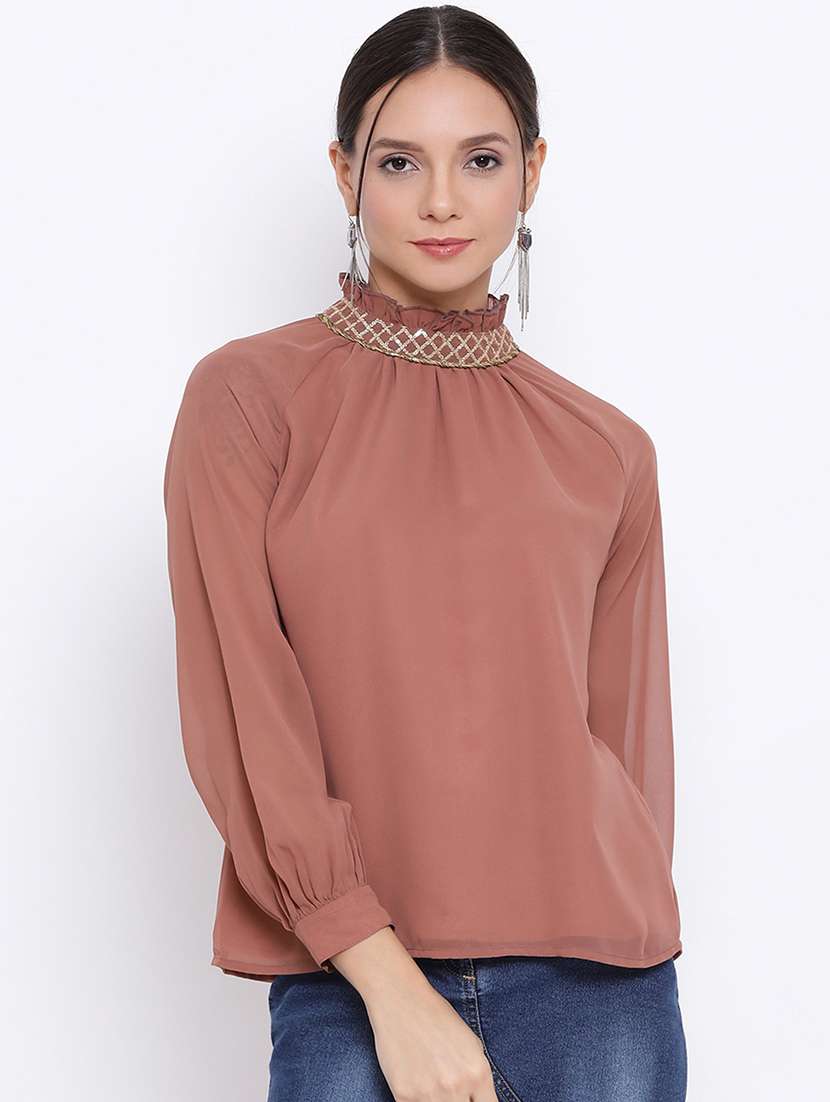 women solid high neck puff sleeves regular top