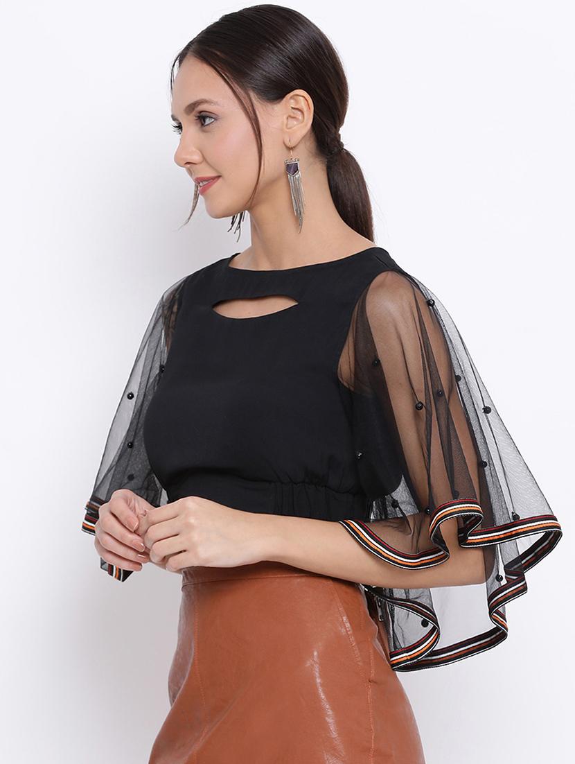women embellished flared sleeves crop top - 21863992 - Standard Image - 1