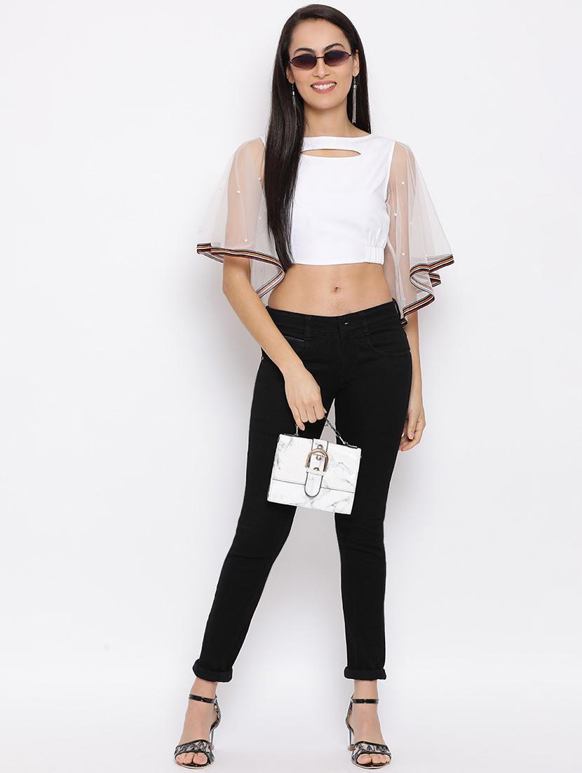 women solid flared sleeves crop top - 21863993 - Standard Image - 4