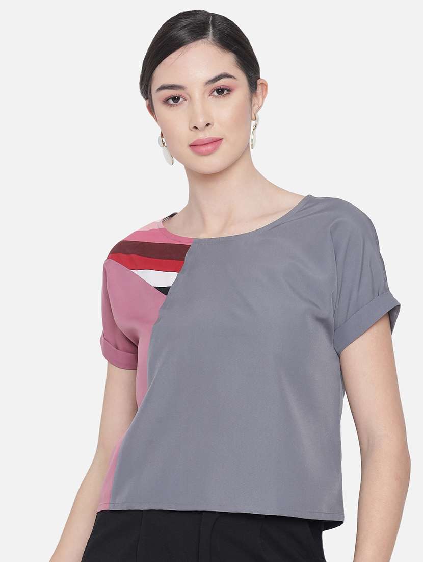 women solid blocked short sleeves regular top