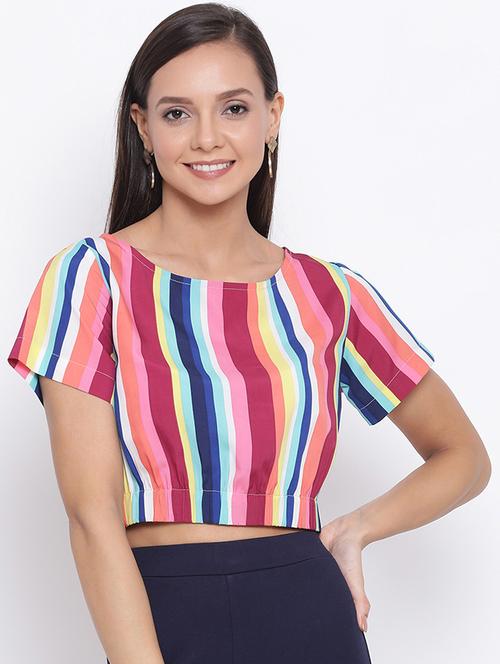 women striped short sleeves crop top - 21864011 - Standard Image - 0