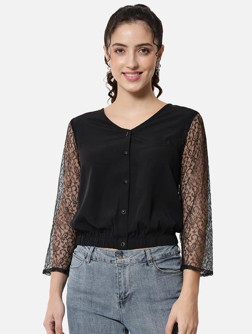women solid laec detailed crop regular top - 21864012 -  Standard Image - 0