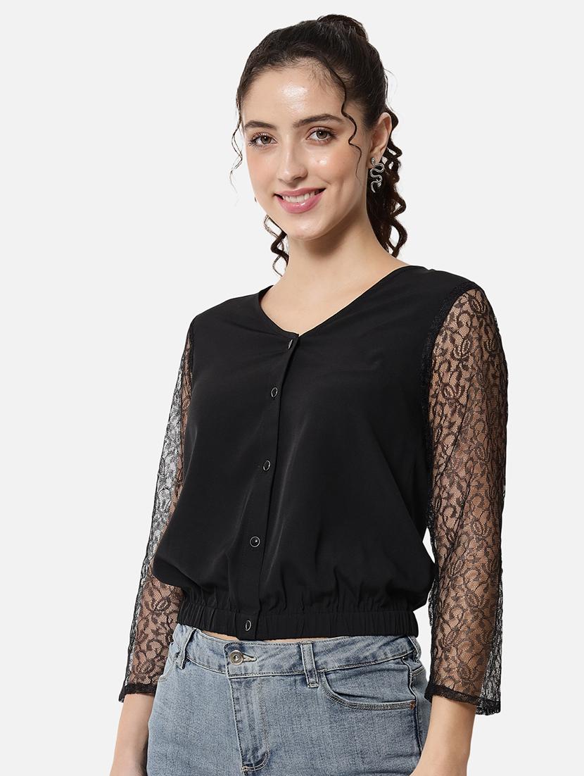 women solid laec detailed crop regular top - 21864012 -  Standard Image - 1