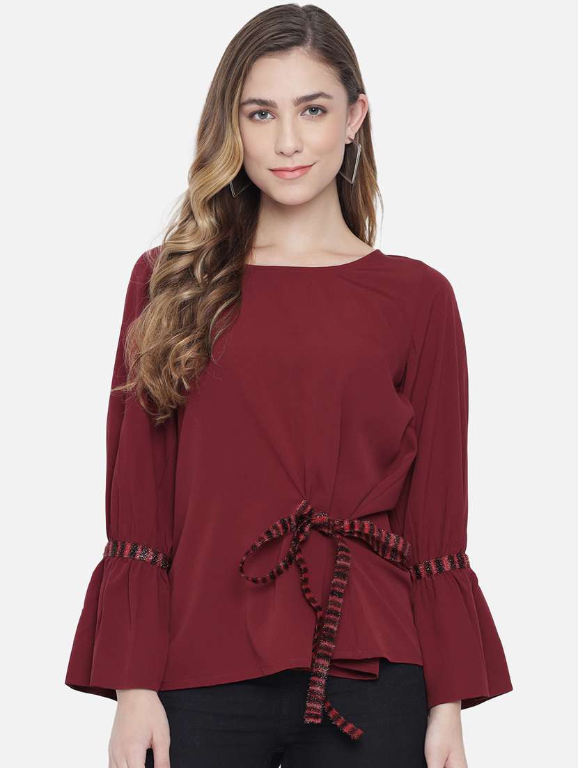 women solid bell sleeves regular top