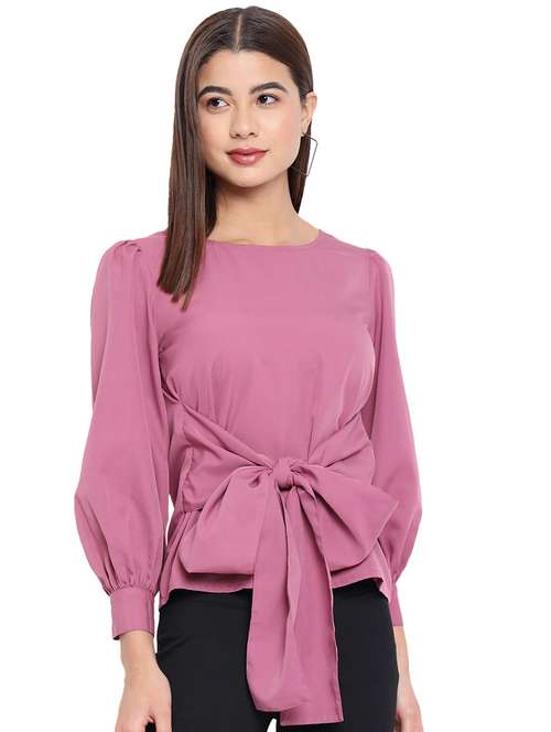 women solid tie up detailed regular top - 21864015 -  Standard Image - 0