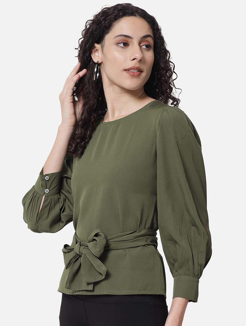 women solid long sleeves tie up detailed regular top - 21864017 -  Standard Image - 1