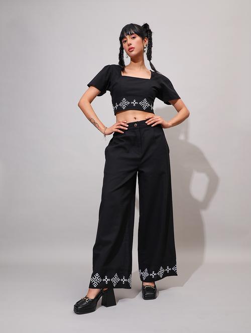 women black embroidered mid rise relaxed fit palazzo - 21864417 - Standard Image - 0