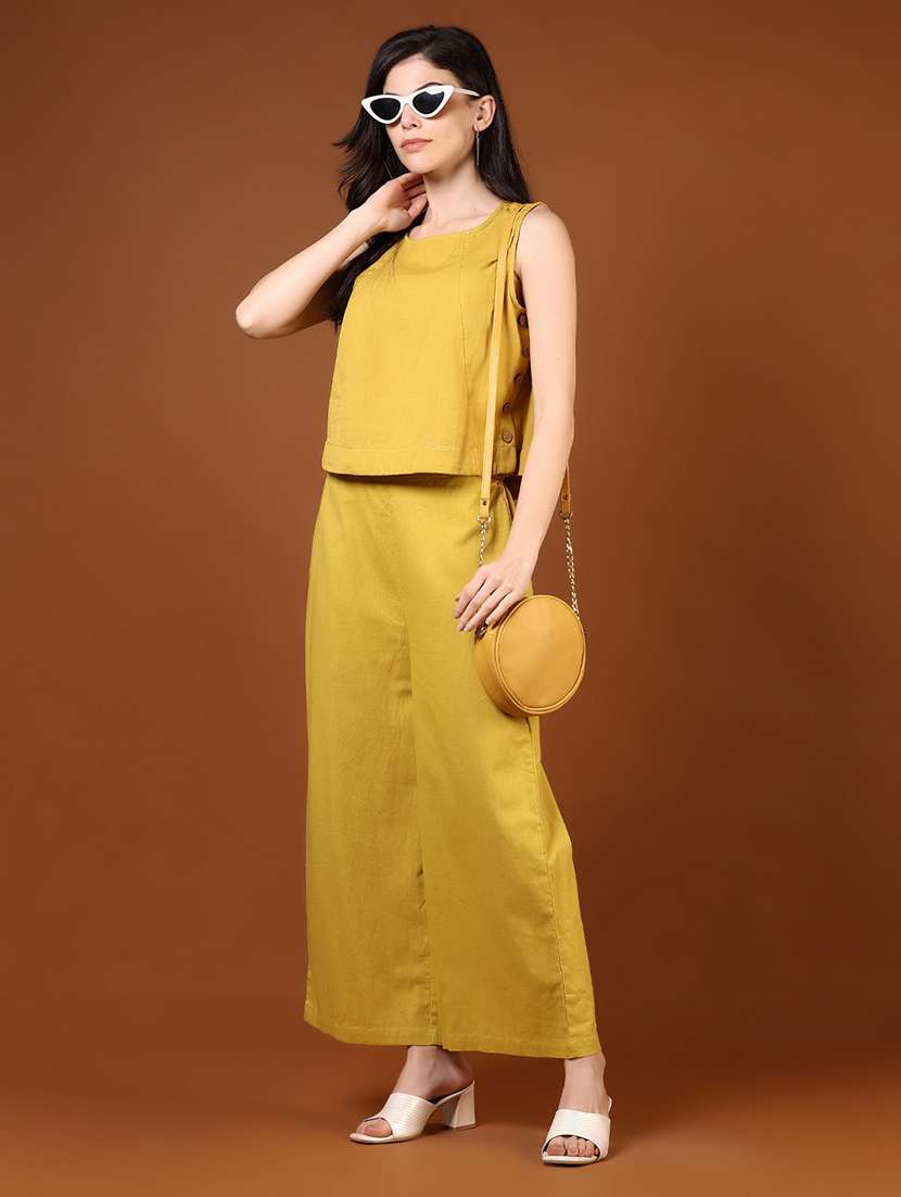 women yellow solid sleeveless top & palazzo co ord set - 21864432 -  Standard Image - 4