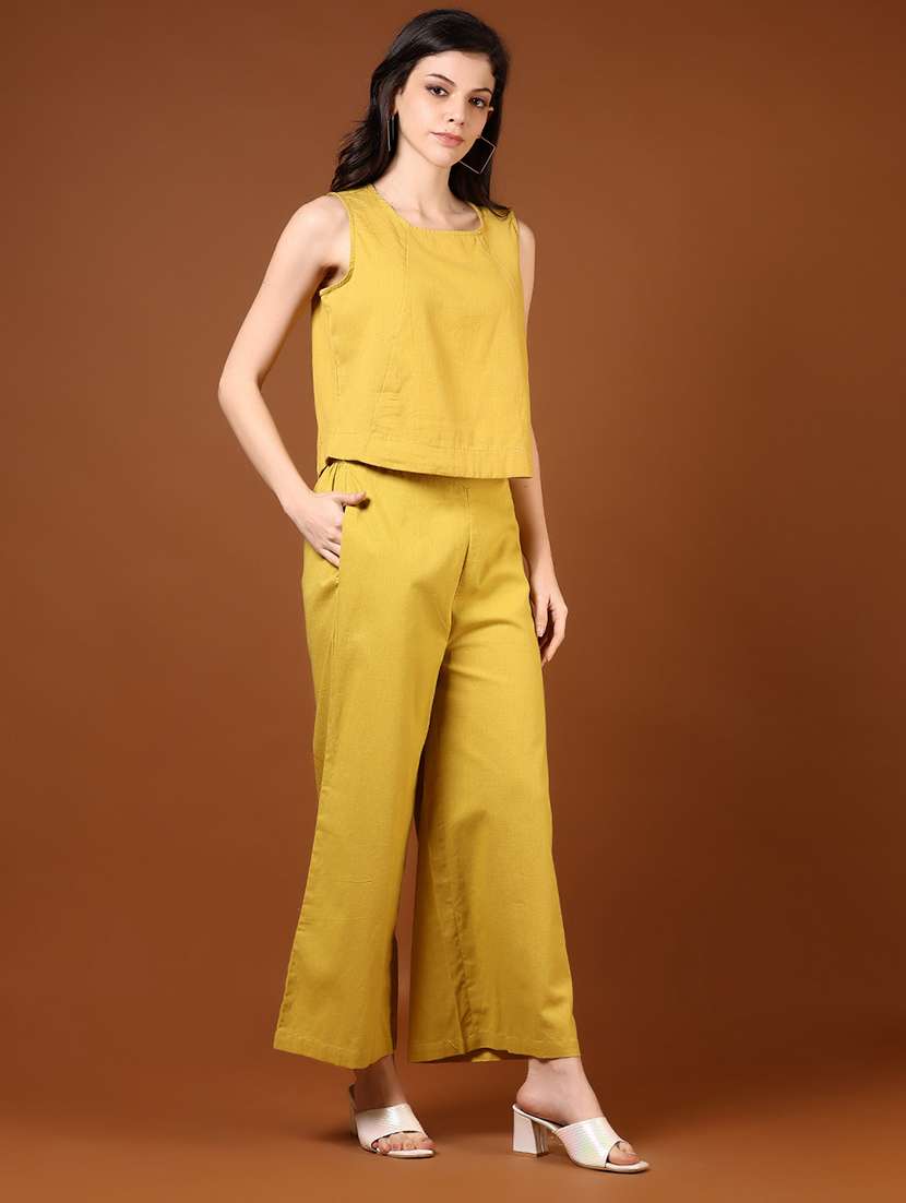 women yellow solid sleeveless top & palazzo co ord set - 21864432 -  Standard Image - 6