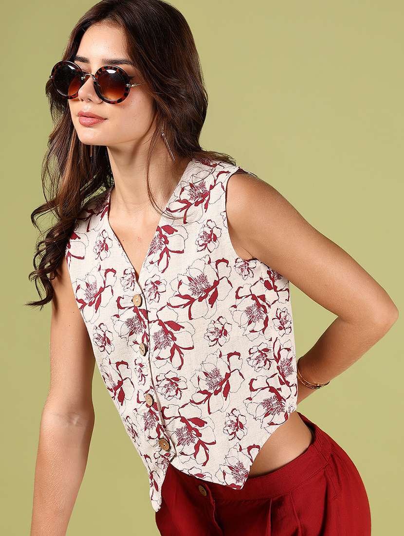 women off white printed sleeveless crop top