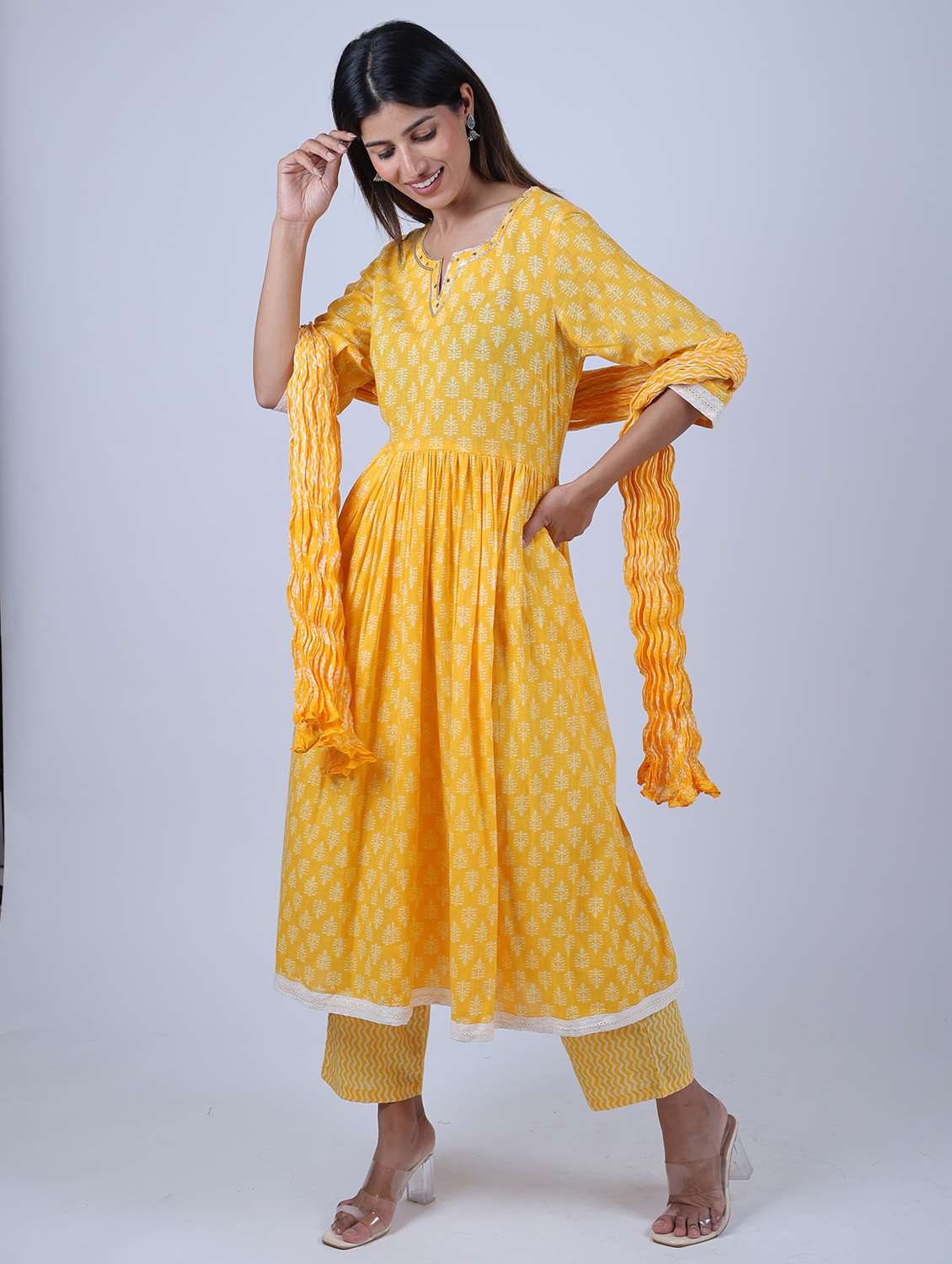 women three quarter sleeve kurta pant with dupatta set - 21865755 -  Standard Image - 1