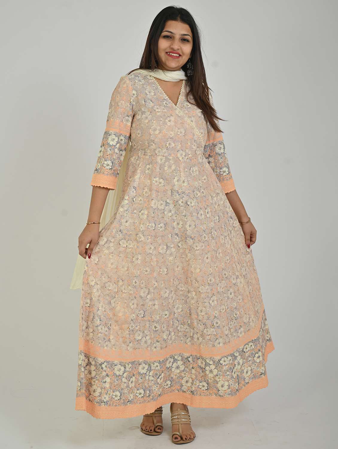 women peach embroidered anarkali kurta with dupatta set - 21865796 -  Standard Image - 1