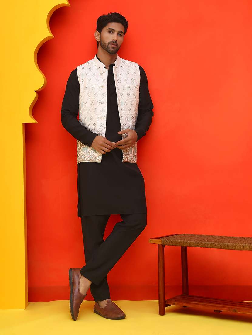 men mandarin neck kurta pyjama with jacket ethnic wear set - 21866014 -  Standard Image - 1