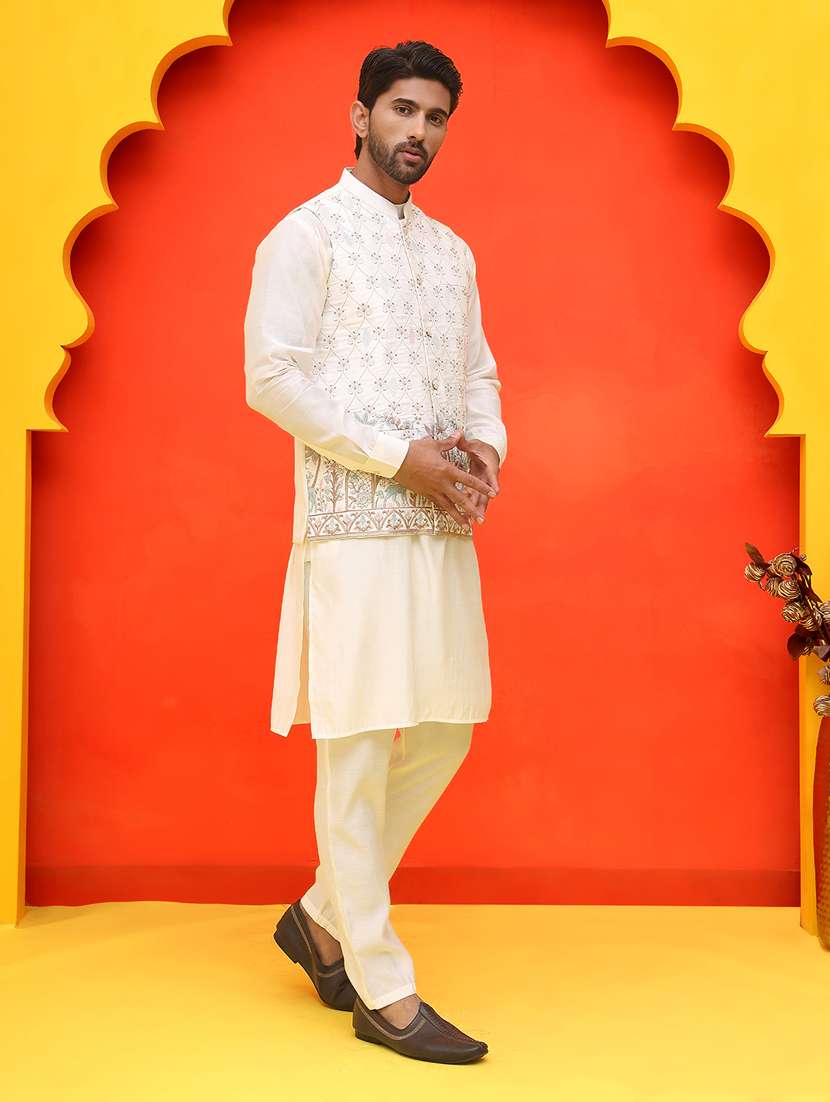 men mandarin neck kurta pyjama with jacket ethnic wear set - 21866019 -  Standard Image - 1