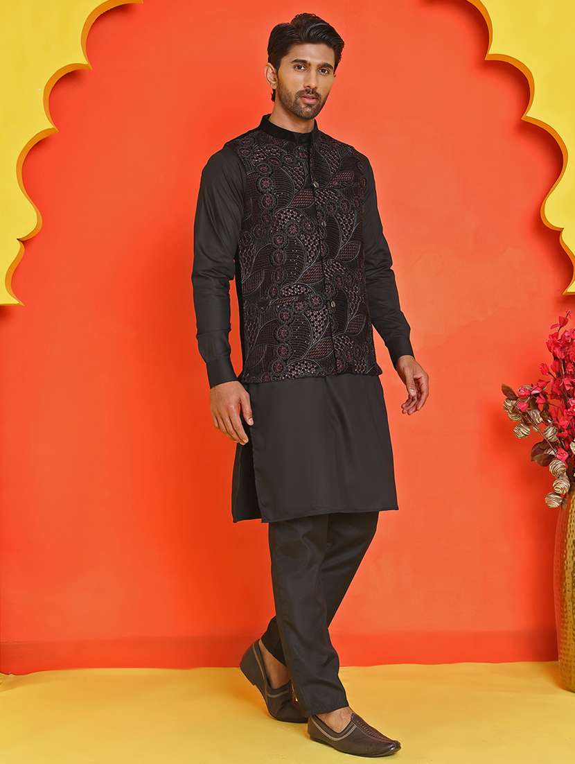 men mandarin neck kurta pyjama with jacket ethnic wear set - 21866022 -  Standard Image - 1