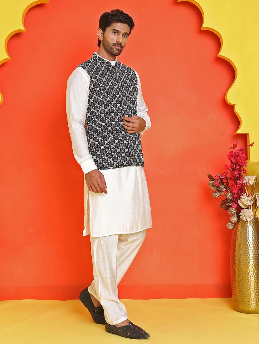 men mandarin neck kurta pyjama with jacket ethnic wear set - 21866025 -  Standard Image - 1
