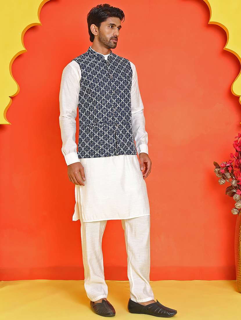 men mandarin neck kurta pyjama with jacket ethnic wear set - 21866026 -  Standard Image - 1