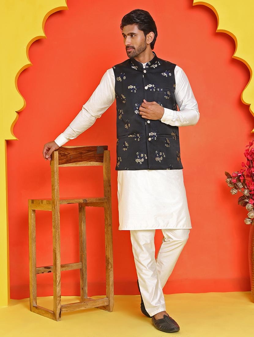 men mandarin neck kurta pyjama with jacket ethnic wear set - 21866028 - Standard Image - 4