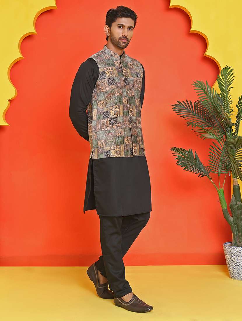 men mandarin neck kurta pyjama with jacket ethnic wear set - 21866031 -  Standard Image - 1