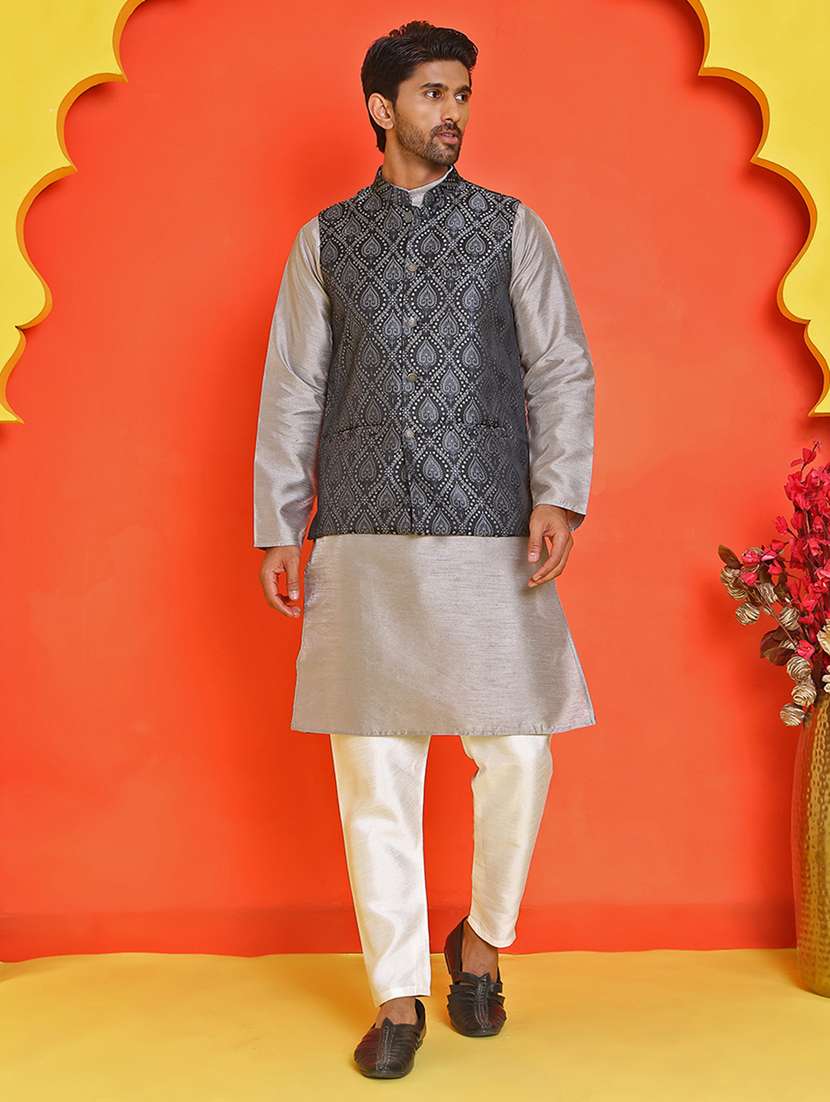 men mandarin neck kurta pyjama with jacket ethnic wear set - 21866032 -  Standard Image - 1