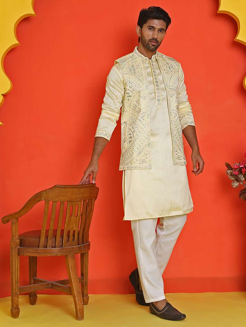 men mandarin neck kurta pyjama with jacket ethnic wear set