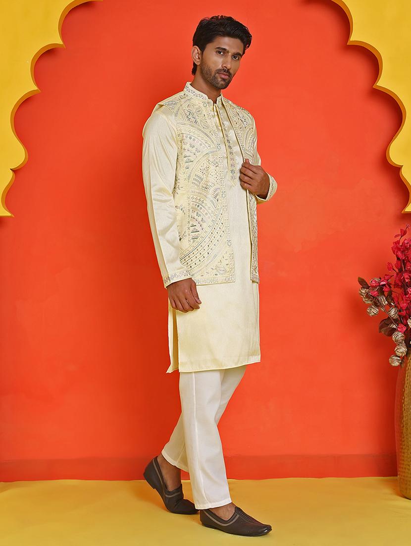 men mandarin neck kurta pyjama with jacket ethnic wear set - 21866034 -  Standard Image - 1