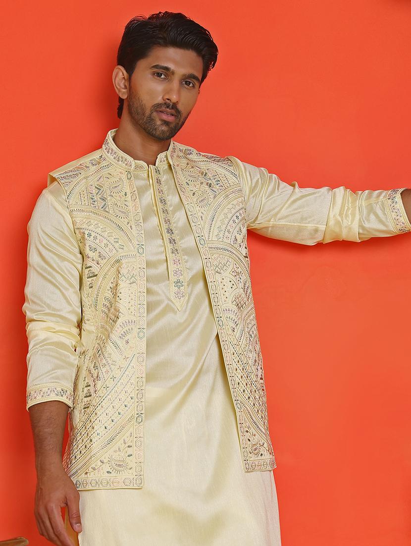 men mandarin neck kurta pyjama with jacket ethnic wear set - 21866034 - Standard Image - 4