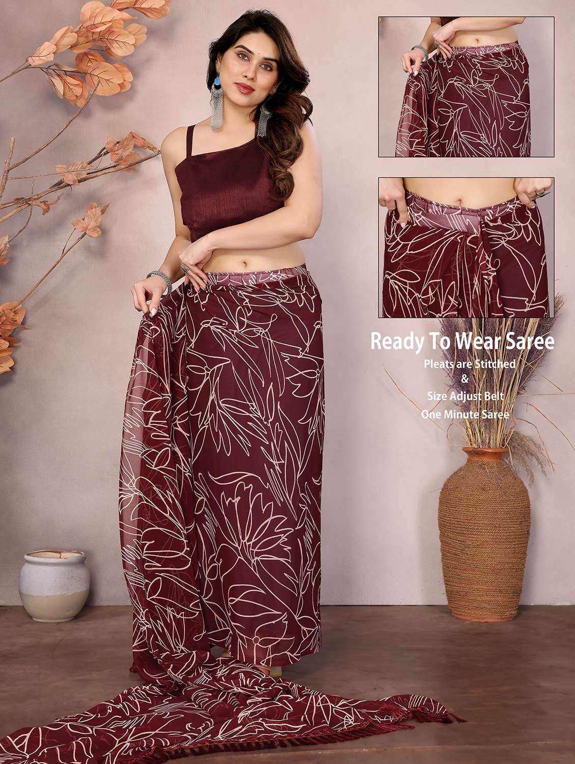 women printed ready to wear saree with blouse - 21866045 -  Standard Image - 1