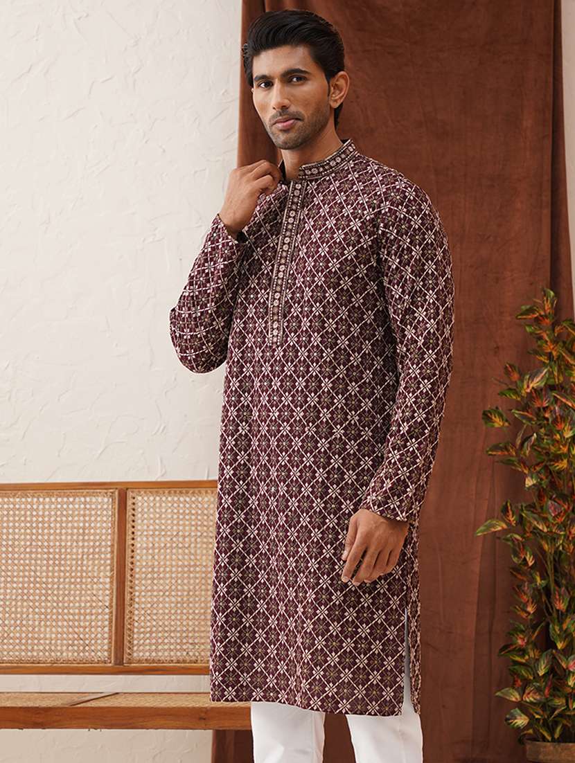 men embroidered mandarin neck long kurta - 21866539 - Standard Image - 1
