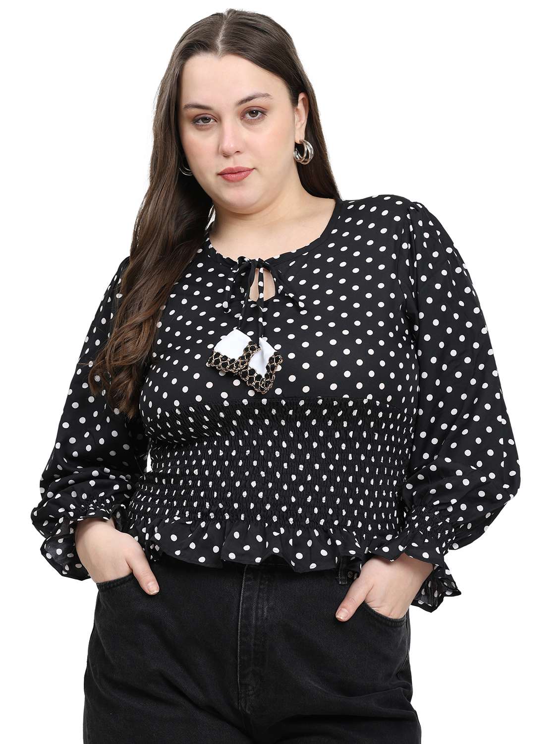 women plus size polka doted puff sleeves top