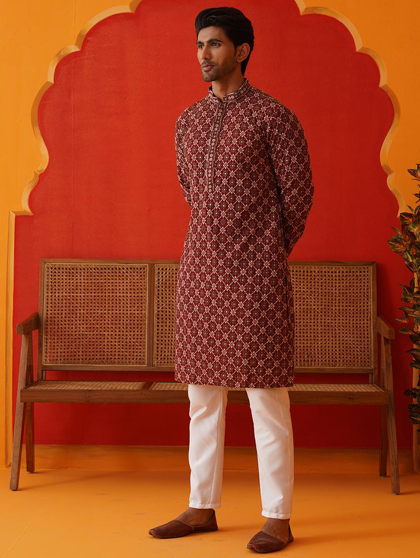 men embroidered mandarin neck kurta pyjama ethnic wear set - 21866583 - Standard Image - 1