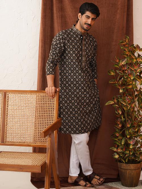 men embroidered mandarin neck kurta pyjama ethnic wear set - 21866587 - Standard Image - 0