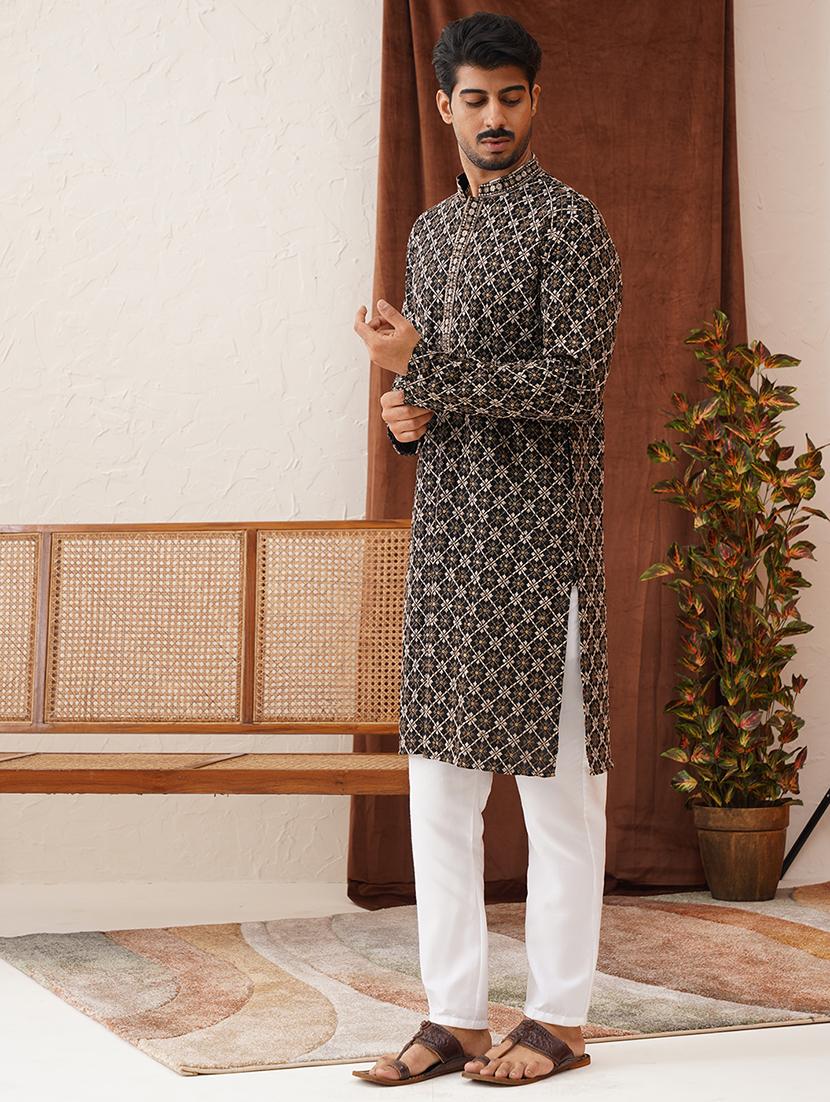 men embroidered mandarin neck kurta pyjama ethnic wear set - 21866587 - Standard Image - 1