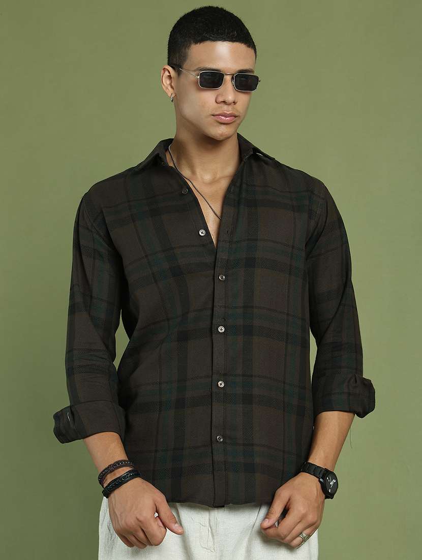 men checked long sleeve regular fit casual shirt 