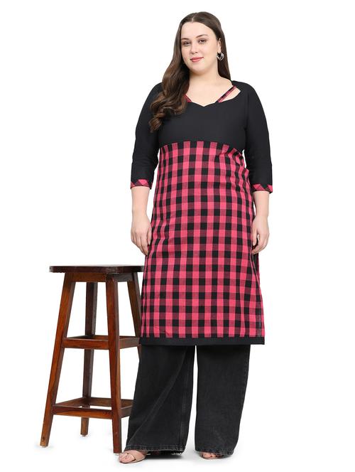 women checkered three quarter sleeve plus size straight kurta - 21866616 - Standard Image - 0