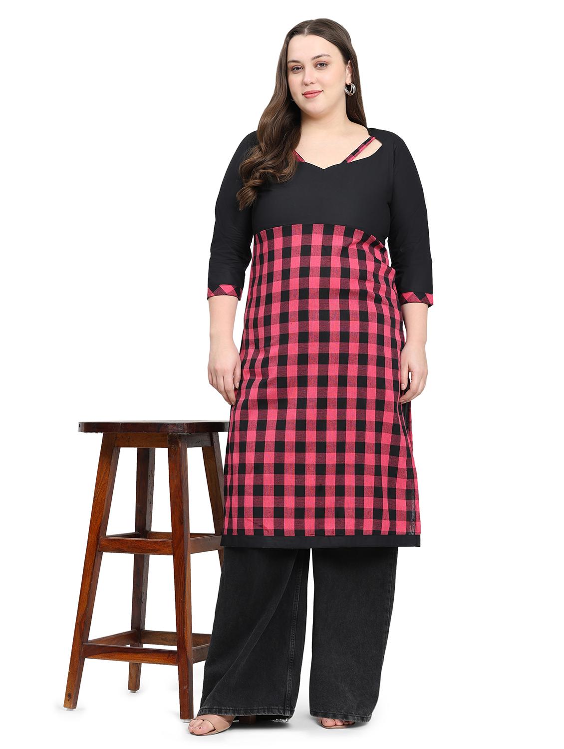 women checkered three quarter sleeve plus size straight kurta - 21866616 - Zoom Image - 0