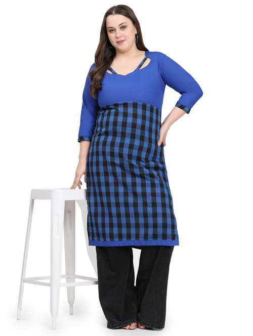 women checkered three quarter sleeve plus size straight kurta - 21866618 - Standard Image - 0