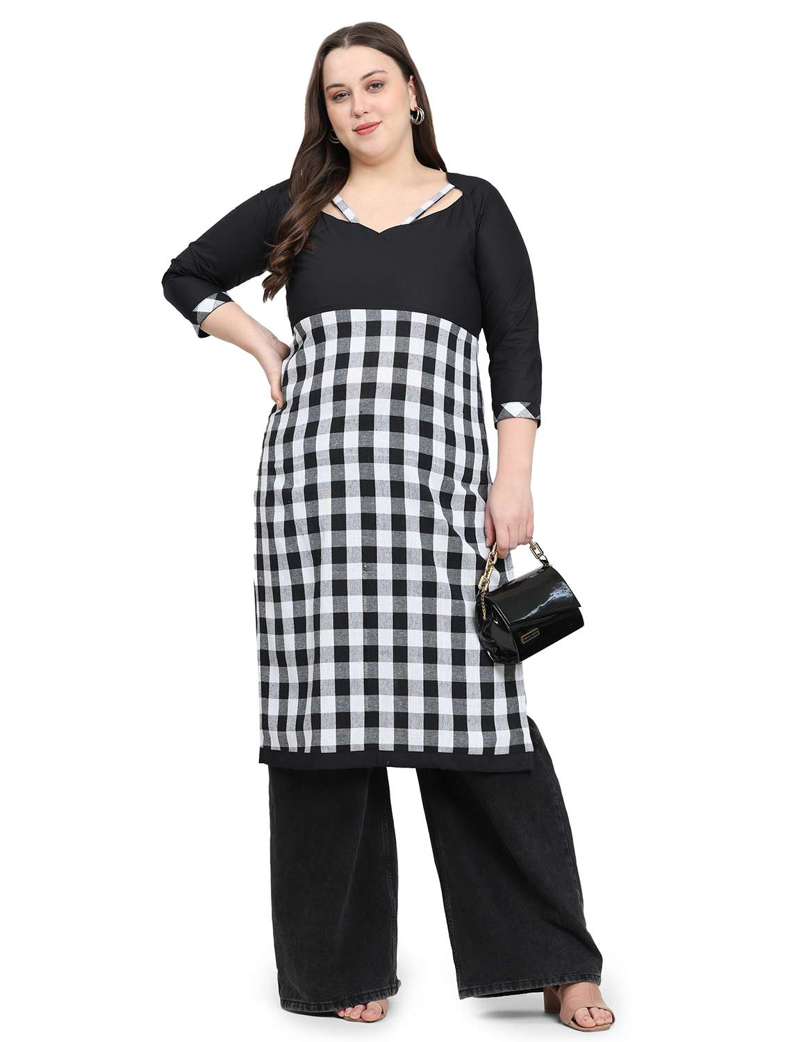 women checkered three quarter sleeve plus size straight kurta