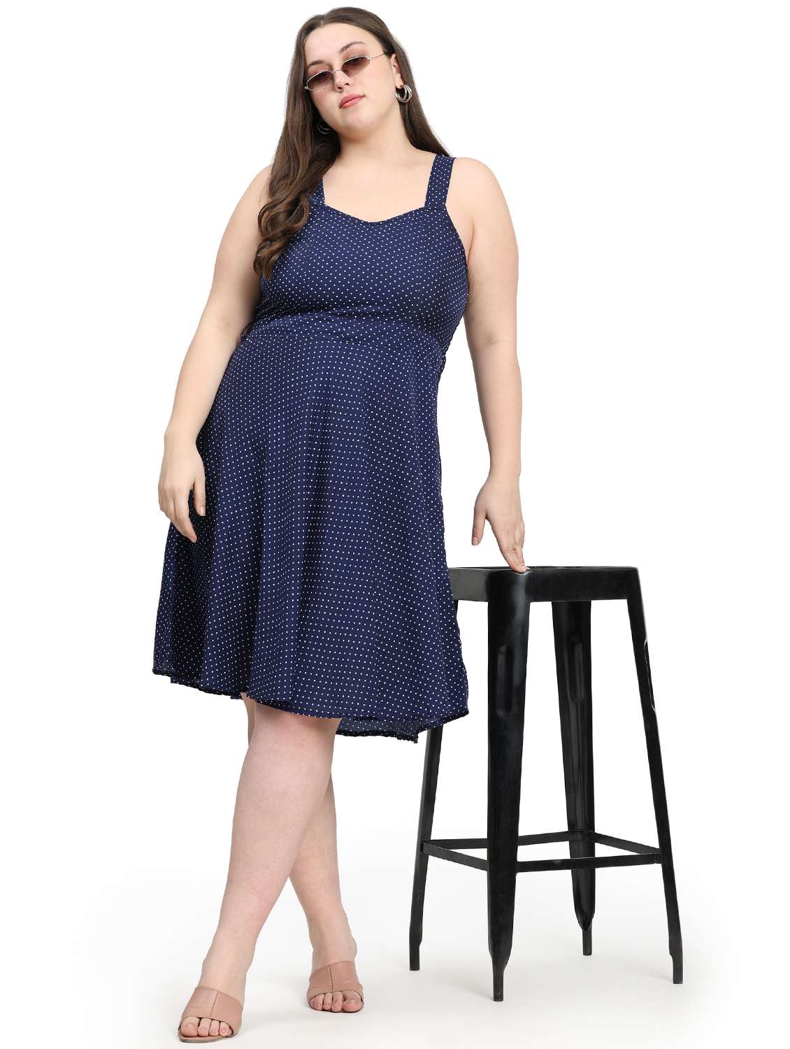women plus size polka doted shoulder strap dress