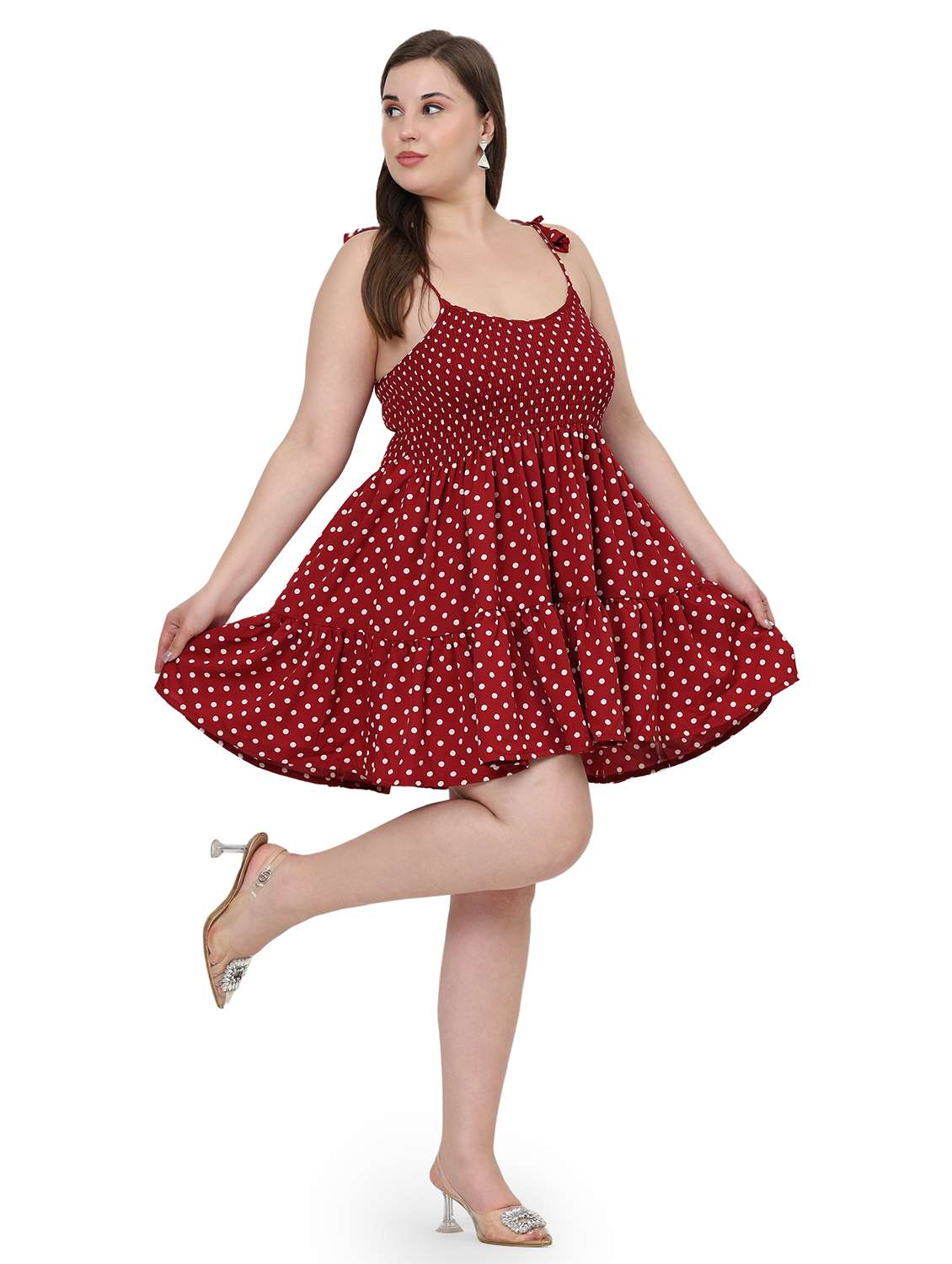 Women Plus Size Polka Doted Shoulder Strap Dress