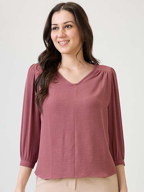 women solid puff sleeves regular top - 21869835 -  Standard Image - 0